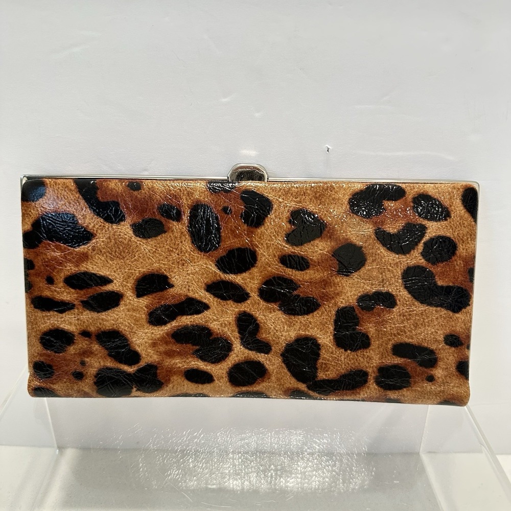 LODIS Quinn Clutched Framed Leather Wallet Leopard Brown/Black RFID Slim Party - Picture 3 of 9